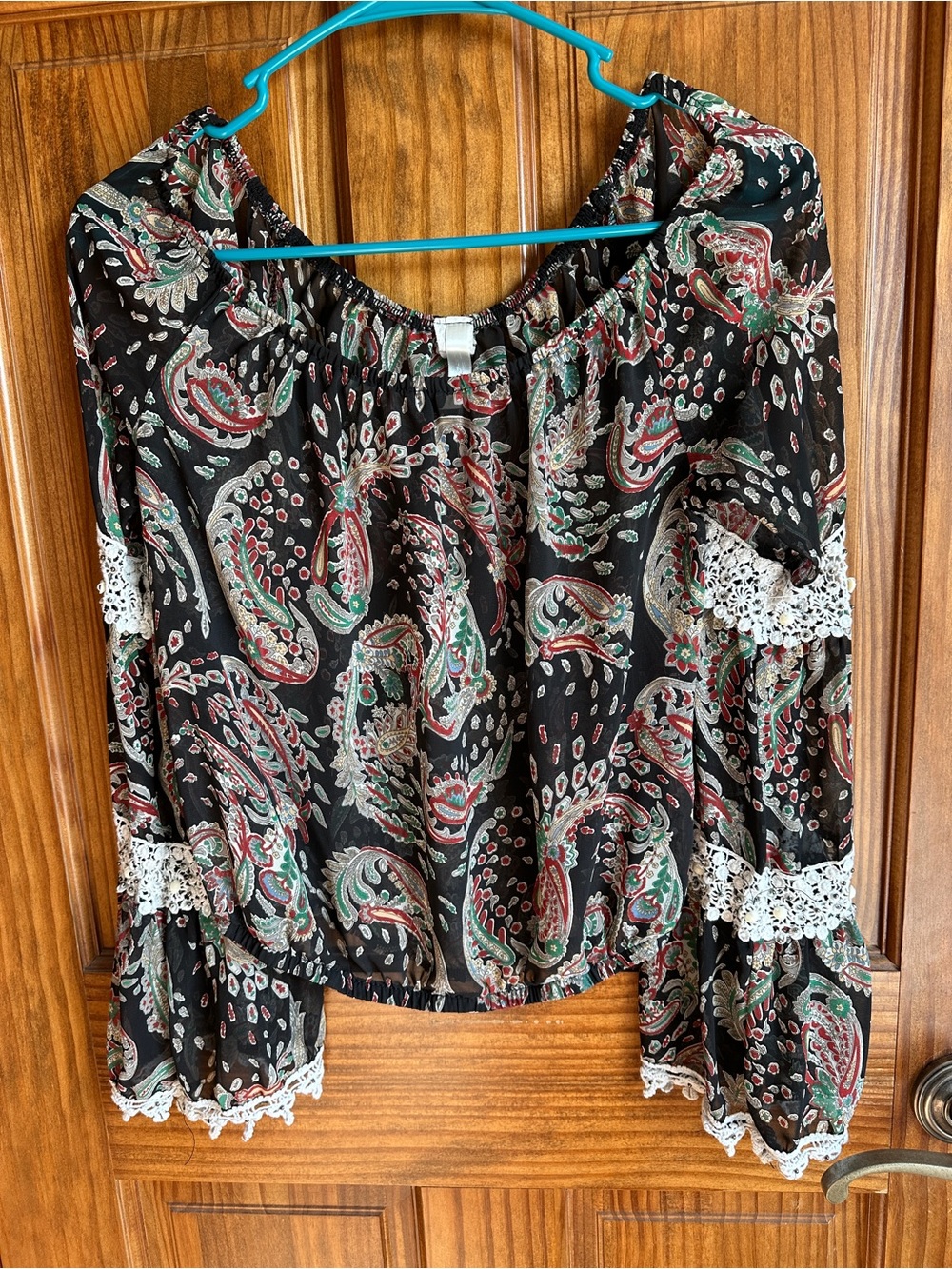 Boho Paisley Peasant Blouse Bell Sleeve Crochet Lace Off Shoulder Festival Top